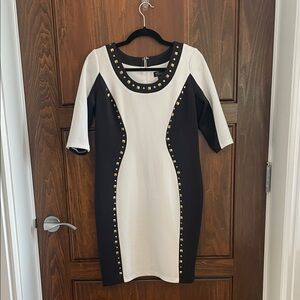Thalia Sodi Black and Cream Studded Midi Dress